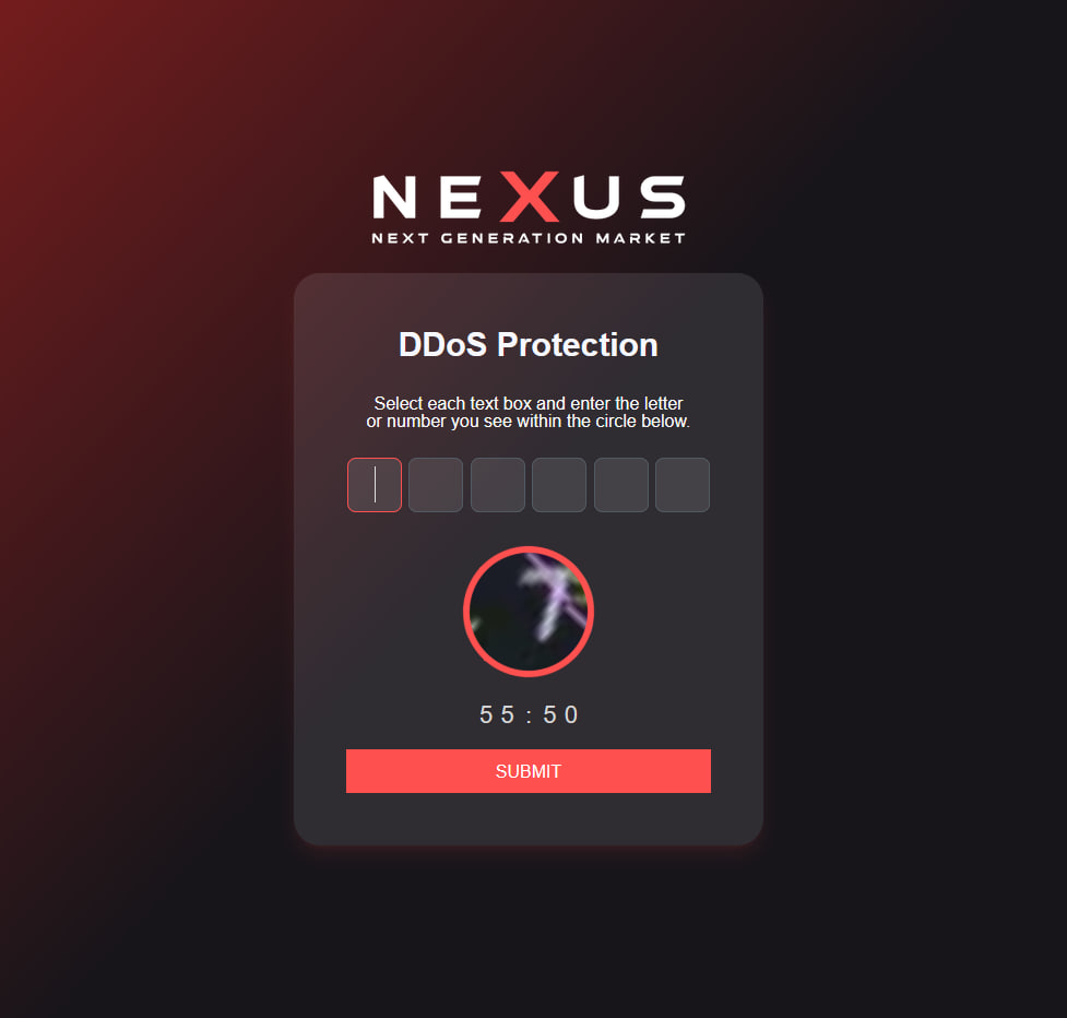 Nexus Darknet CAPTCHA protection with animated challenge and glowing shield on Nexus Market