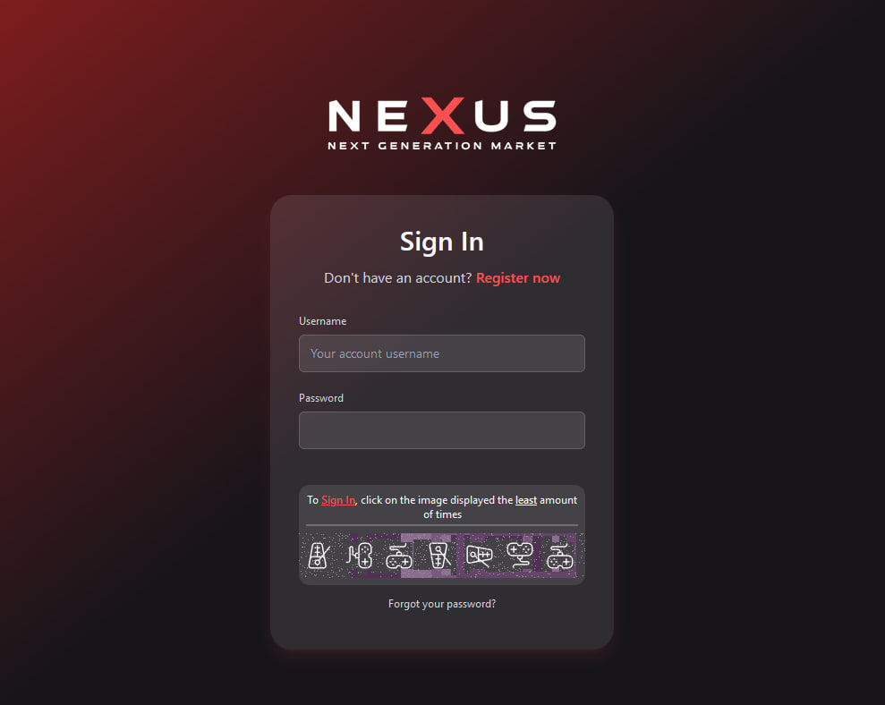Secure Nexus Darknet login screen with 2FA and glowing cyan button on Nexus Market