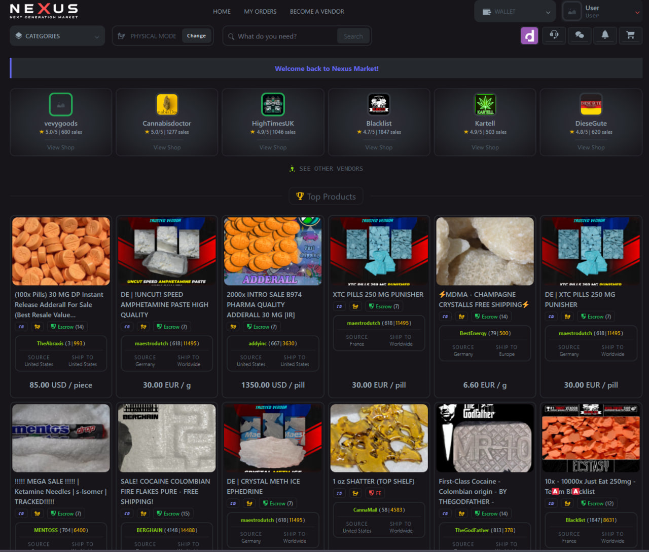 Cyberpunk Nexus Market listing grid with filters and vendor reviews on Nexus Darknet