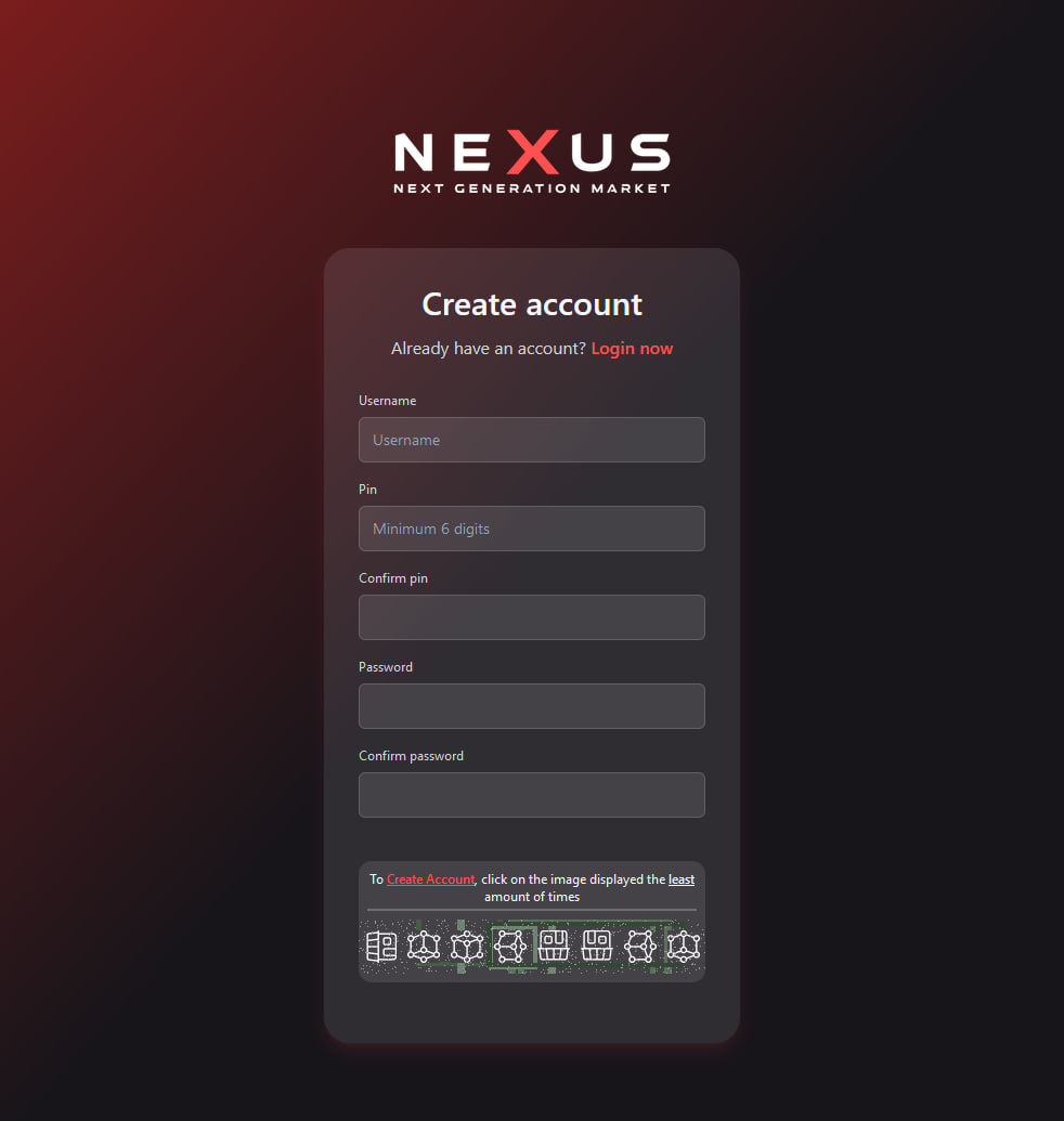 Nexus Market registration page, neon cyan and yellow, username and password fields, PGP key input, digital puzzle