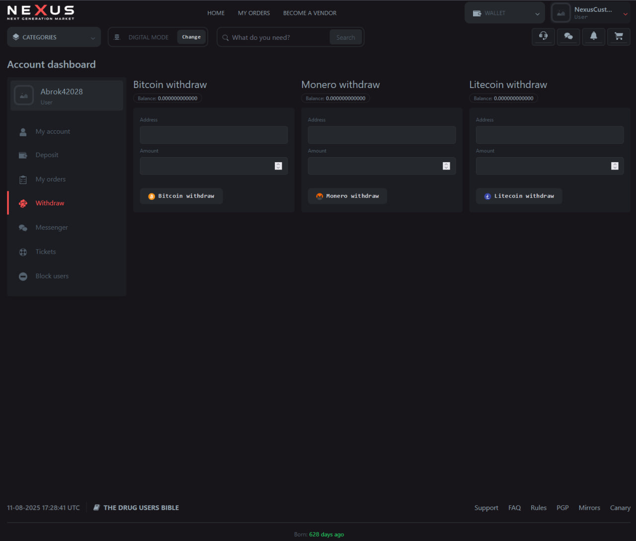 Nexus Darknet wallet view with Bitcoin and Monero balances and transaction list